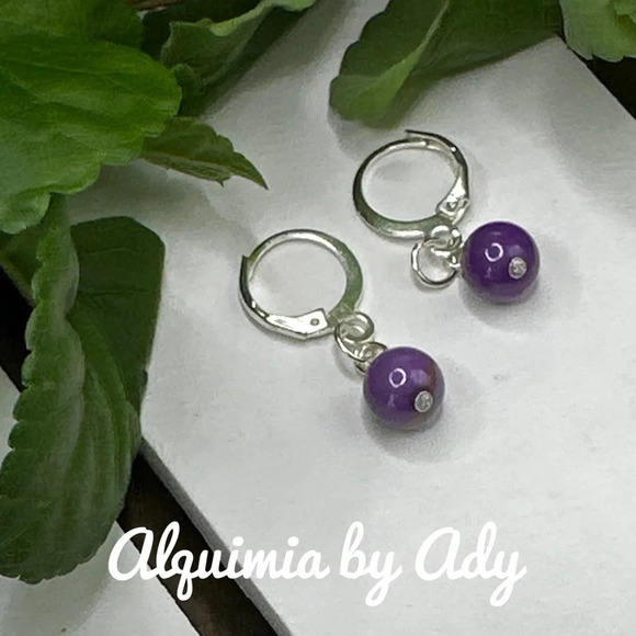 Purple turquoise dainty dangle spheres boho earrings - Picture 2 of 7